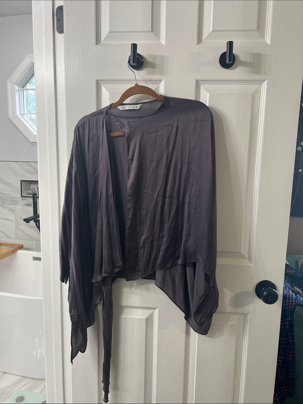 Zara Smoky Plum Purple Satin Draped Asymmetrical Cape Top Blouse M